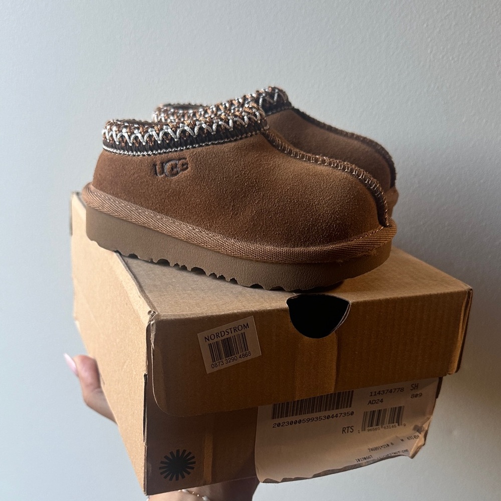 UGG Tan Kids Slippers with Patterned Trim